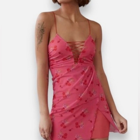 Urban Outfitters Dresses & Skirts - Urban Outfitters BNWT Pink Cherries Lace-Up Mini Dress